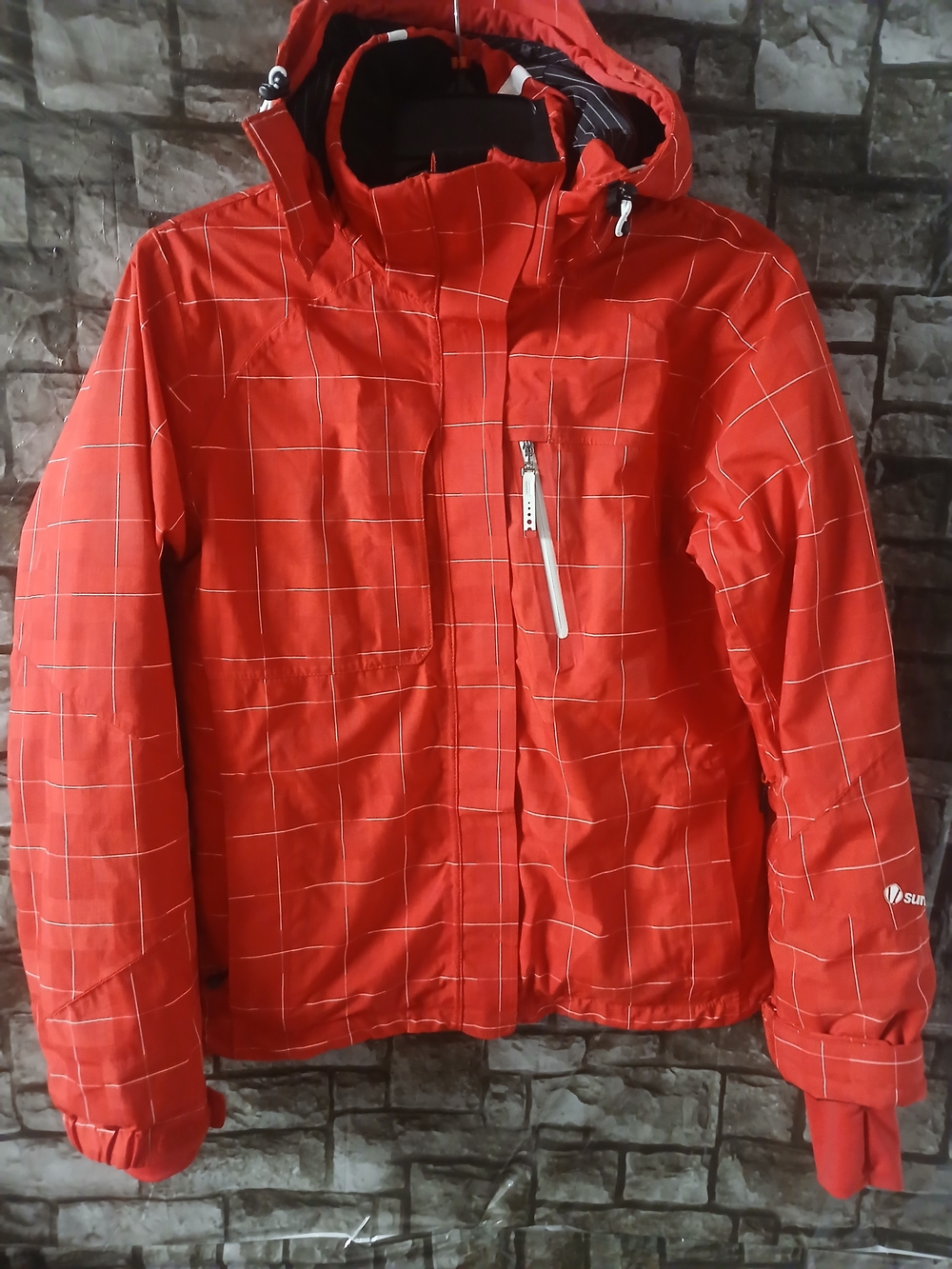 Sunice Red Hooded Puffer Winter Jacket with White Grid Accent -Young Adult